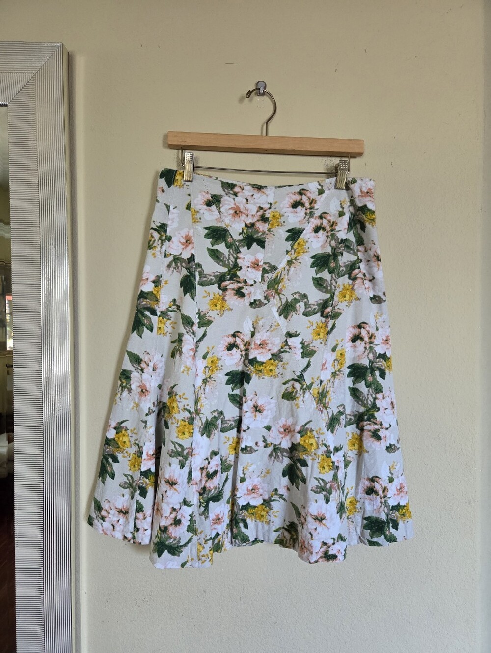 Premise Floral A-Line Midi Skirt - White with Green & Yellow Floral Print Tulip